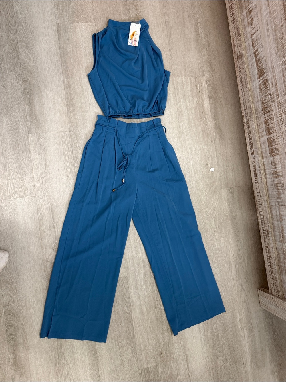 Teal Blue Wide-Leg Crop Top & Pant Set